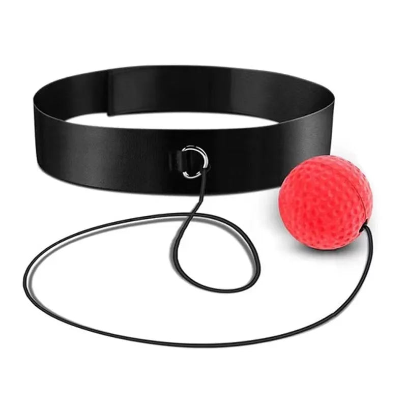Head-mounted boxing reaction training ball with adjustable headband and red PU soft ball.