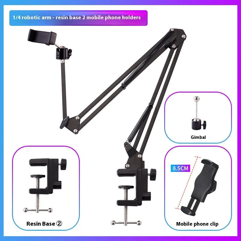 Black foldable metal desktop cantilever bracket holding tablet with adjustable arm