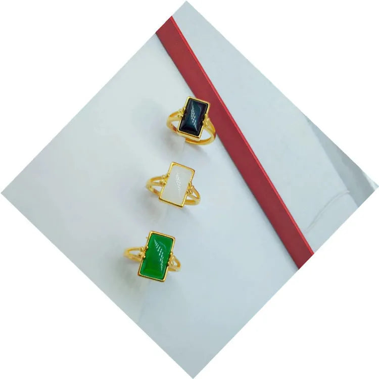 Brass gold-plated adjustable ring with gemstone inlay in national style design