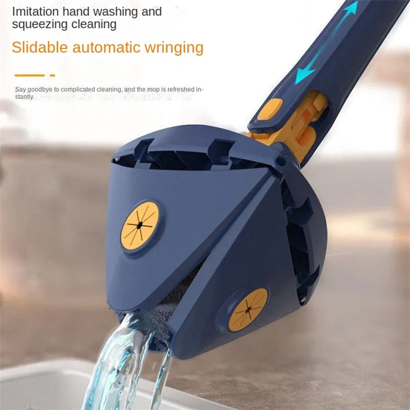 Blue triangle cleaning mop with extendable pole rotating to clean wall corners