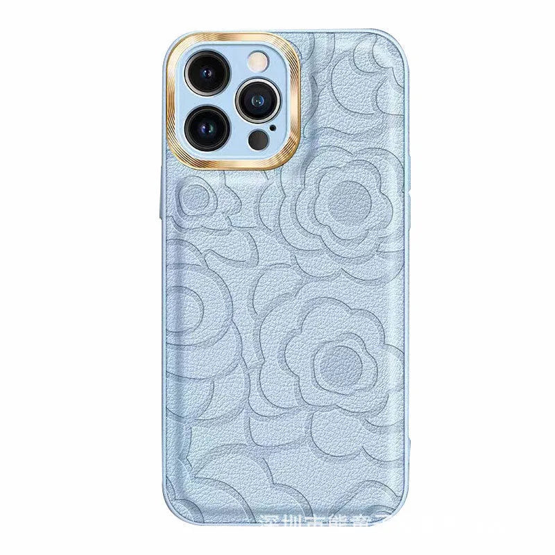 Camellia leather pattern phone case for iPhone 11-15, showing decorative design and protective shell.