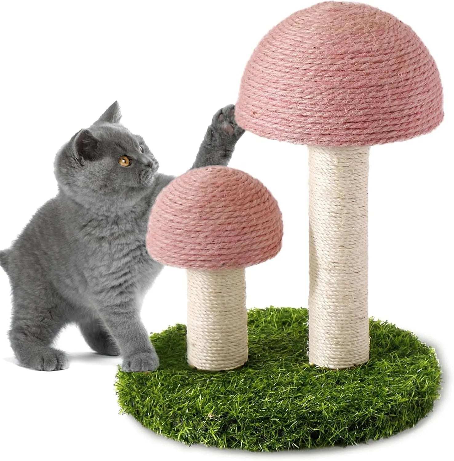 Pink mushroom-shaped cat scratching post with sisal-covered caps and pole for kittens.