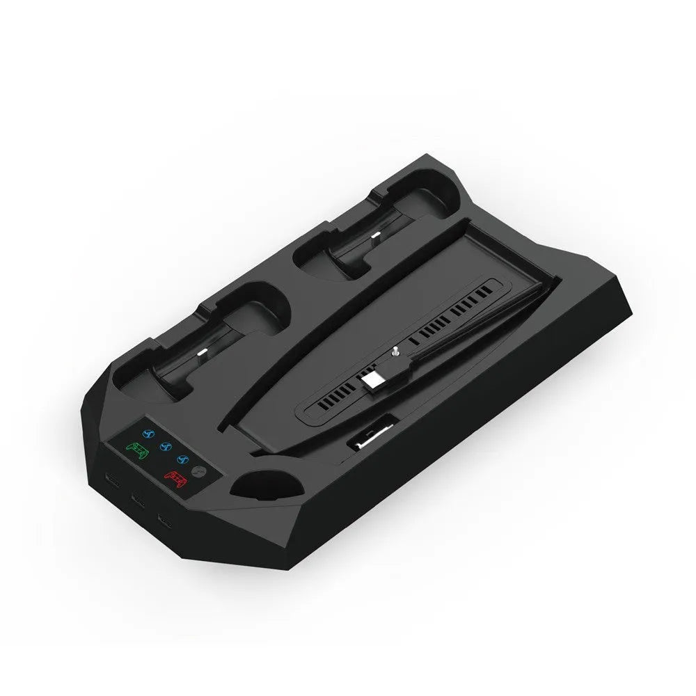 PS5 console upright on a black charging base with two controllers docked and a headset hanging