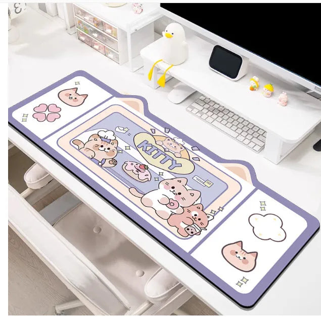 Oversized natural rubber mouse pad on a desk, shown in pink bunny design, with various size options.