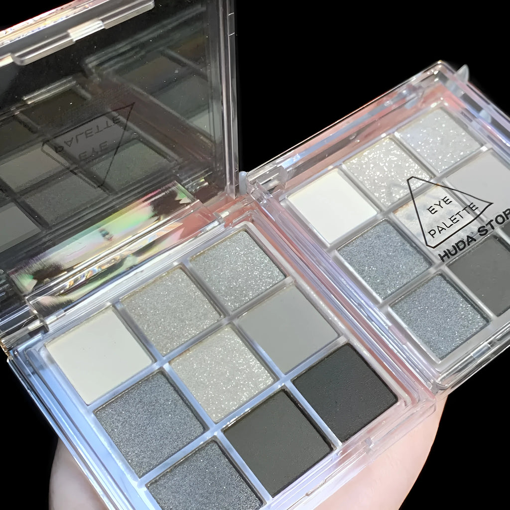 INS style nine-colour eyeshadow palette with smoked shades including white, silver, black, and iron grey.