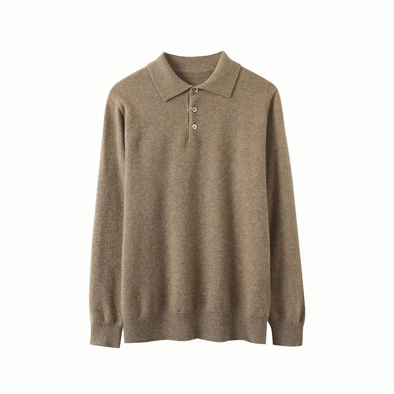 Men's cashmere polo collar pullover sweater in loose fit available in multiple colours