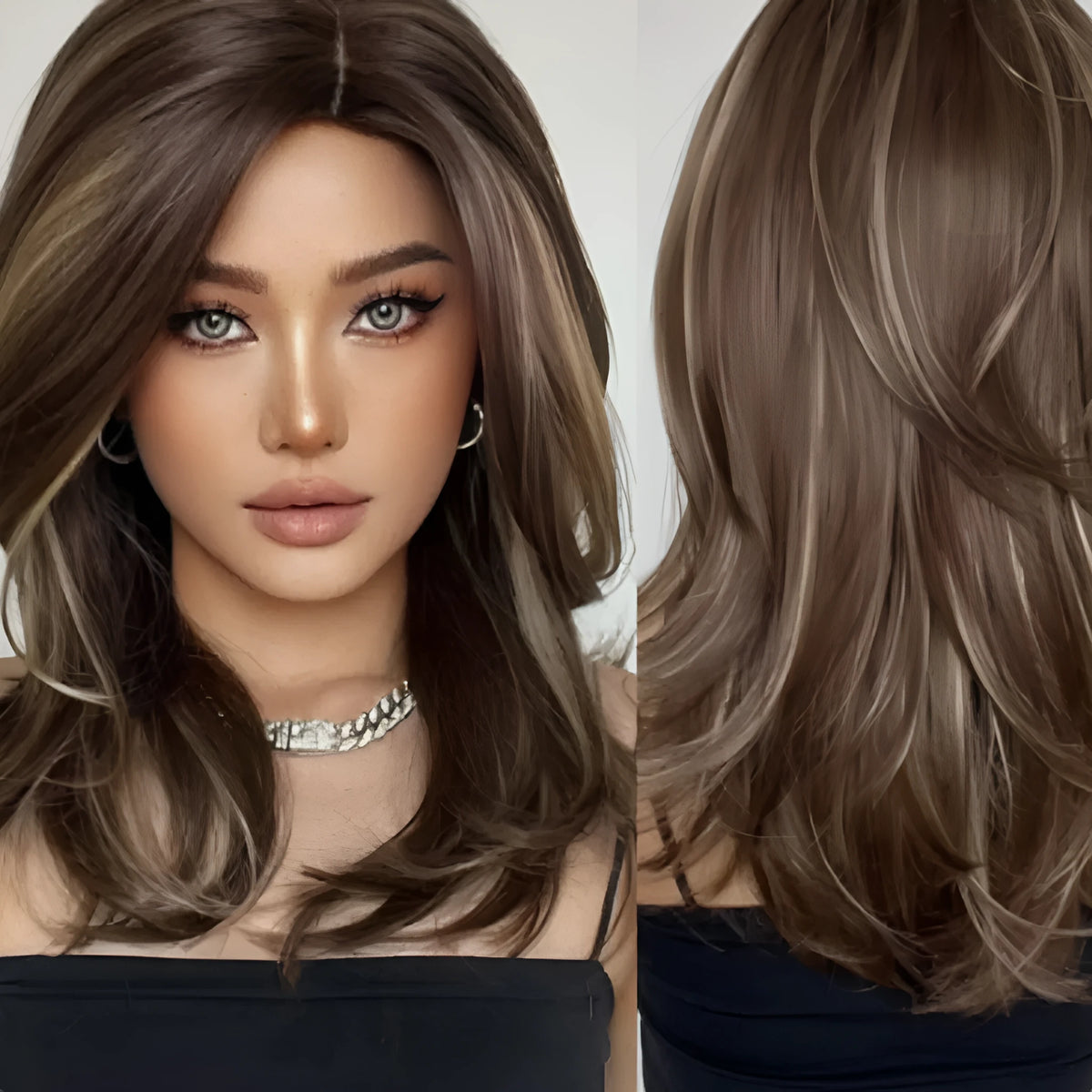 Mid-length synthetic wig with long curly hair in platinum gradient colours