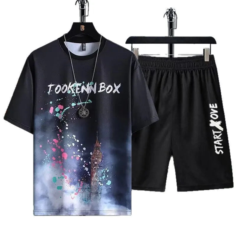 Men's summer ice silk two-piece suit set with short sleeve top and matching shorts in polyester fabric