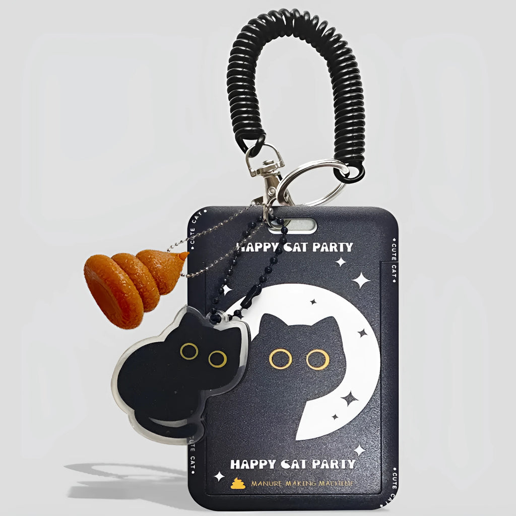 Cute little black cat cartoon plastic card holder with a metal ferrule pendant attached.
