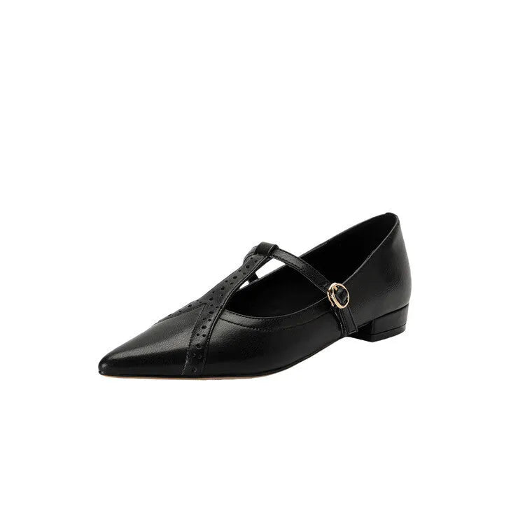 Brown women's leather flat shoes with round toe and mid heel for autumn winter spring seasons