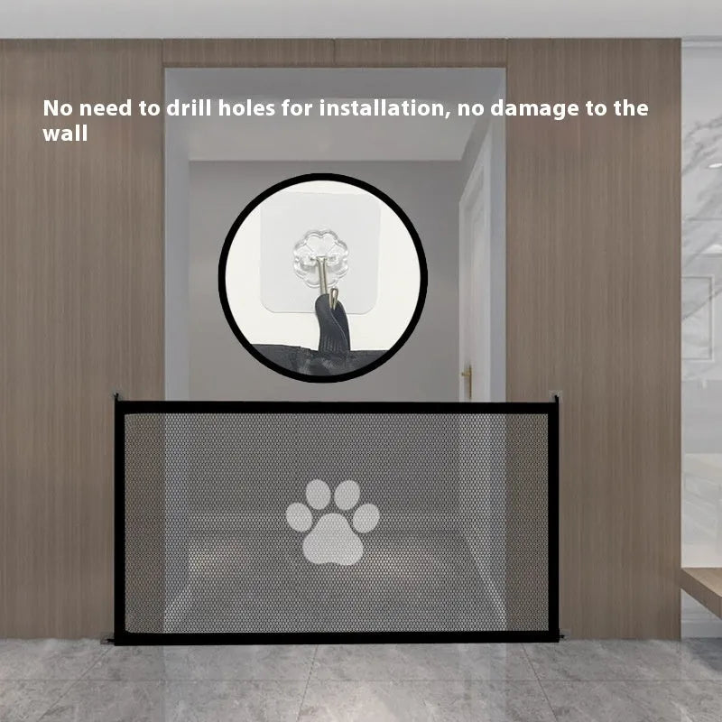 Folding dog barrier net fence with pet doorsill pattern, shown in doorway setting