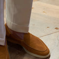 Men's brown leather loafers with flat TPR sole and low-tube design