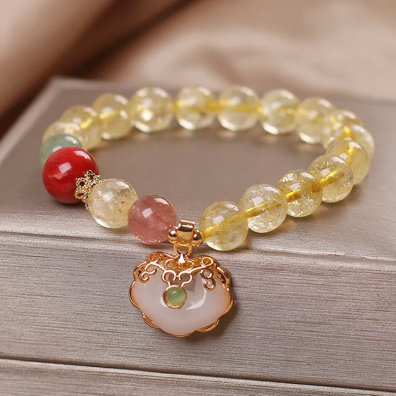 Women's natural citrine jade ruyi pendant bracelet with yellow hair crystal and alloy chain