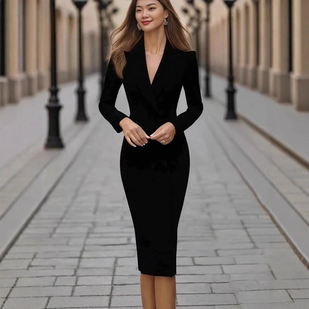 Women's single-breasted high waist long sleeve coat dress in polyester fabric.