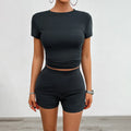 Women's solid colour viscose fibre summer sports suit two-piece set with t-shirt and shorts.