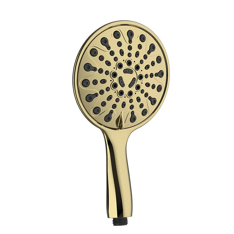 Six-function handheld shower head with electroplated finish, shown alongside its spray settings diagram.