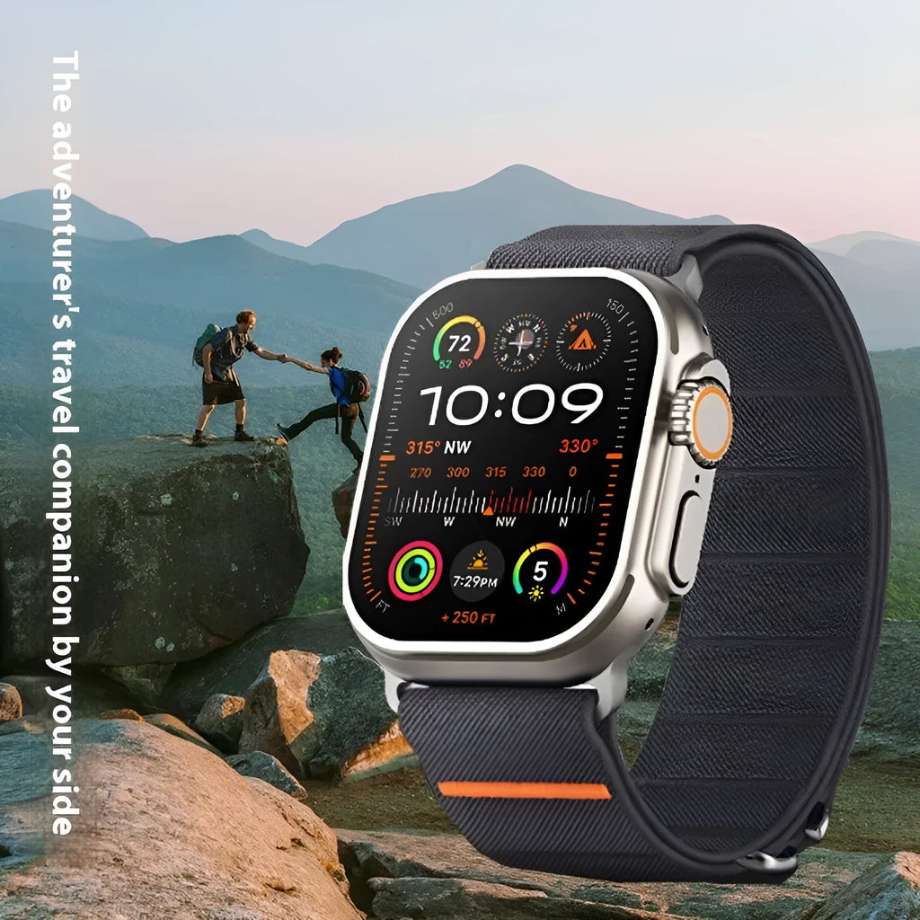Elastic nylon sports band with stainless steel buckle for Apple Watch, shown in Army Green colour.