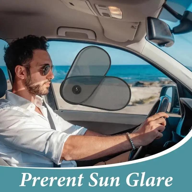 Black stretchy car side window sunshade for babies attached with suction cups, shown in a compact stored size