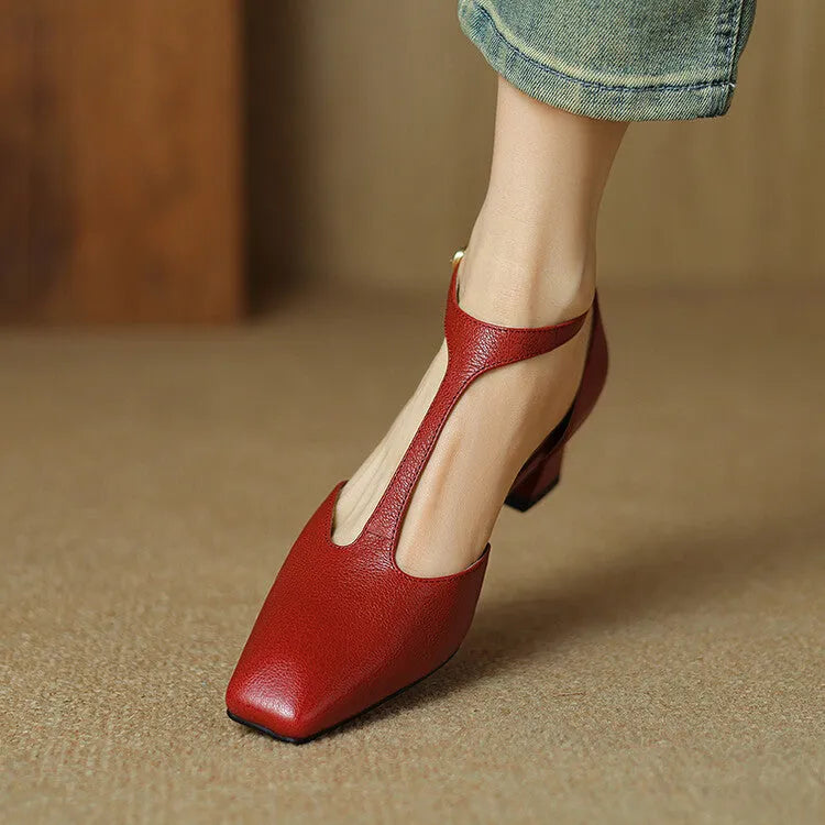 French retro square toe chunky heel shoes in sheepskin leather with buckle fastening