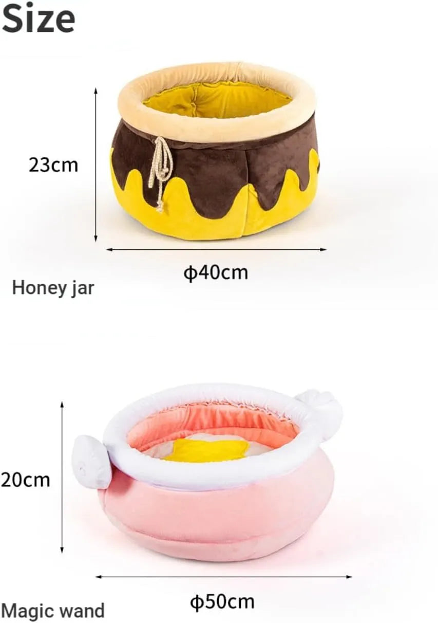 Pink and yellow honey pot shaped cat sofa bed with a soft fabric exterior and large interior space for pets.