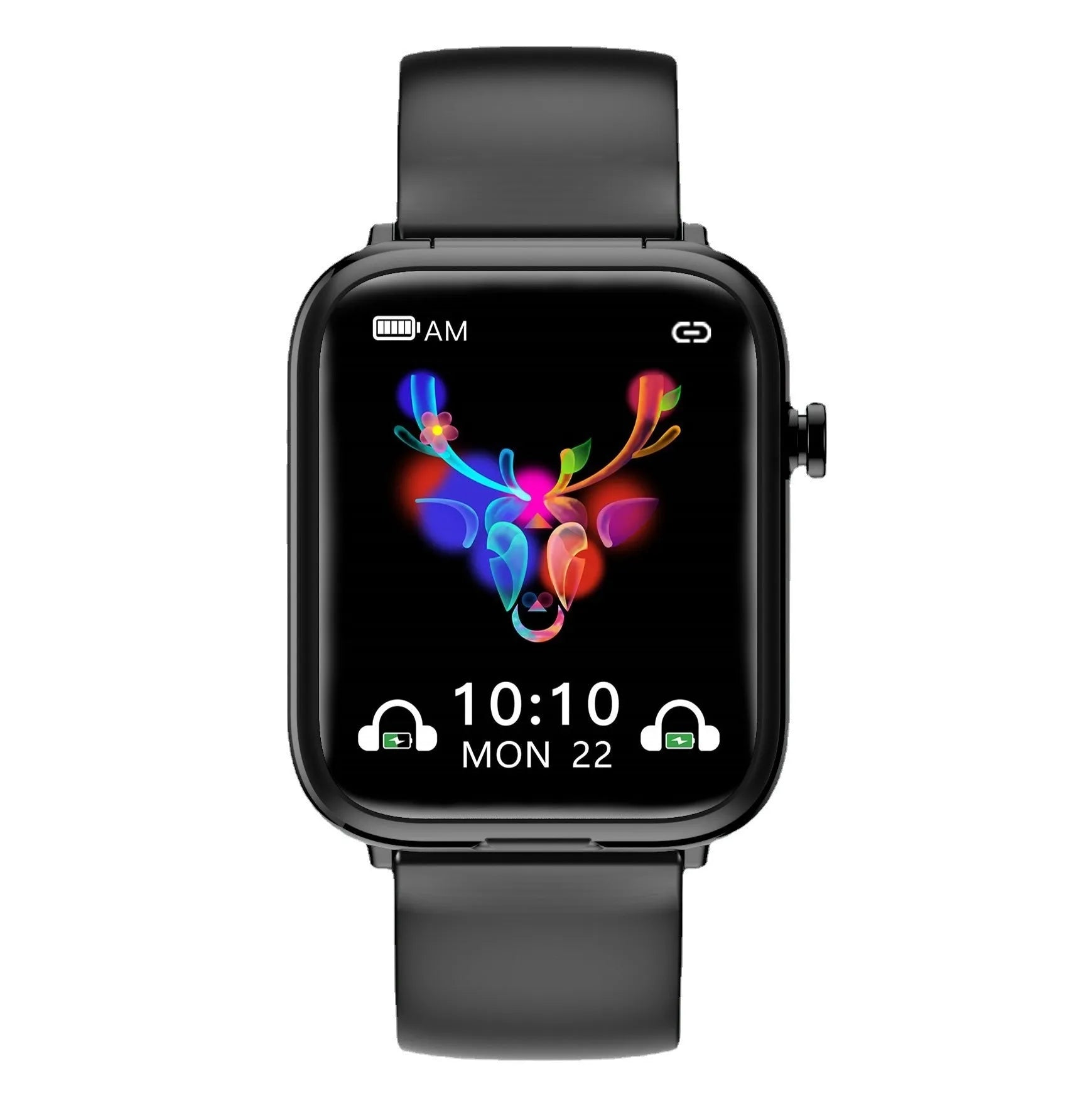 Black zinc alloy Bluetooth smartwatch with a 1.69-inch touchscreen on a wrist, next to its magnetic charging case.