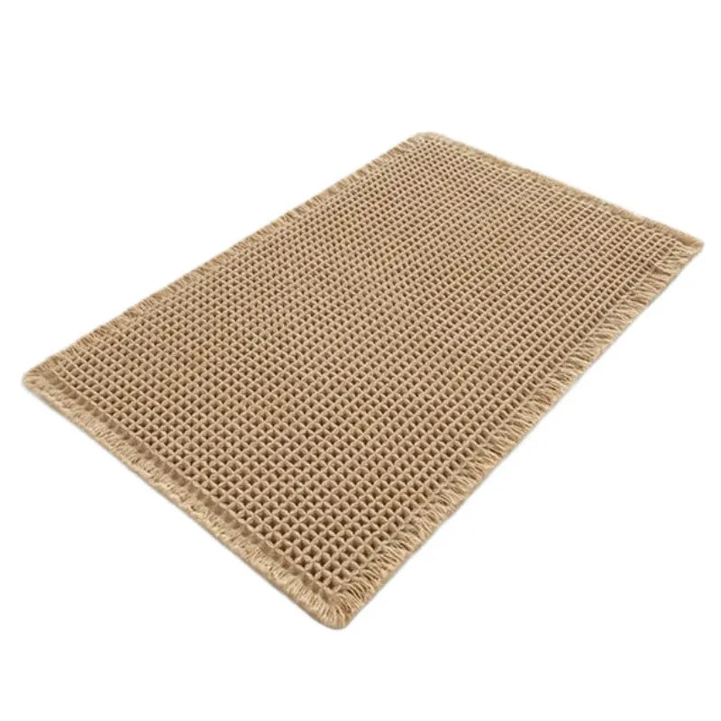 Square checkered-pattern bathroom floor carpet on tiles, showing non-slip texture and available colour options.