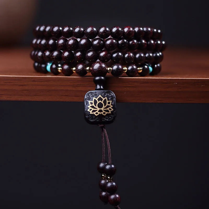 Zambia rosewood Buddha beads bracelet with flat lotus pendant, 108 wooden beads 0.6cm diameter