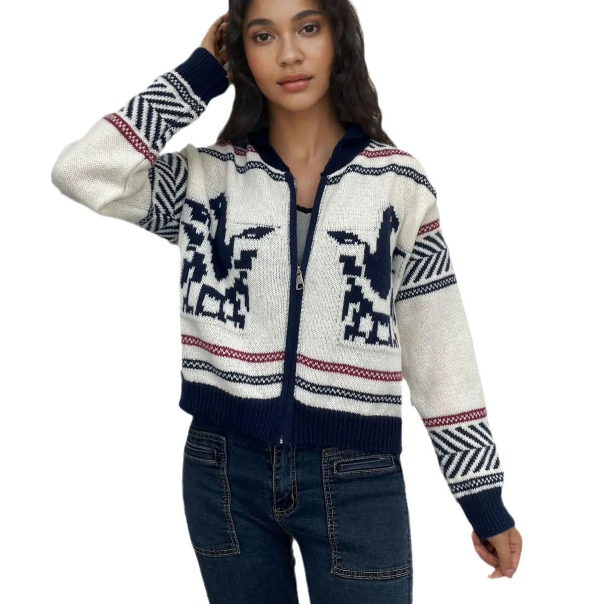 White women's zip cardigan with lapel collar and jacquard contrast colour stripes laid flat.