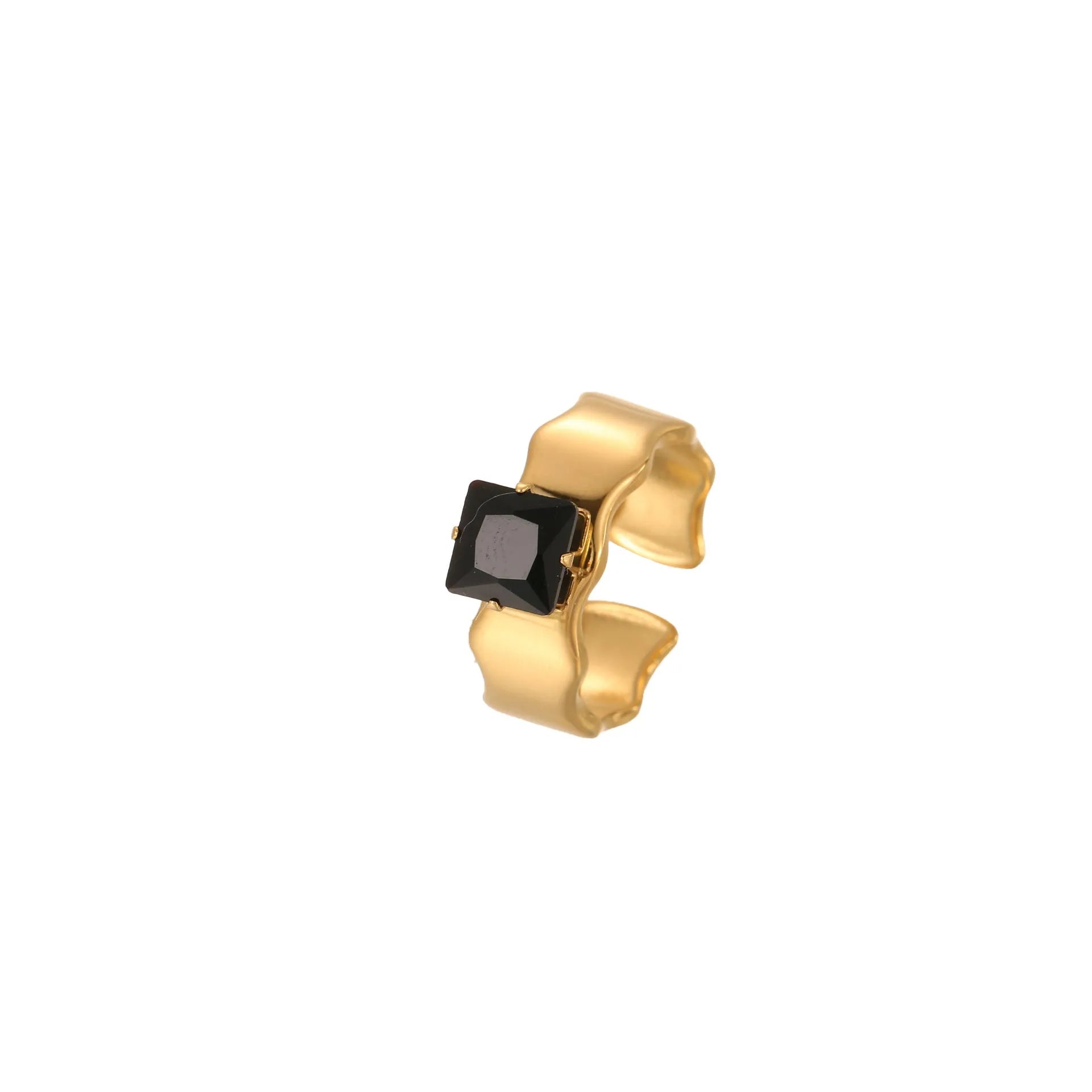 Geometric open mouth women's ring in titanium steel with inlaid zircon stones and electroplated finish.