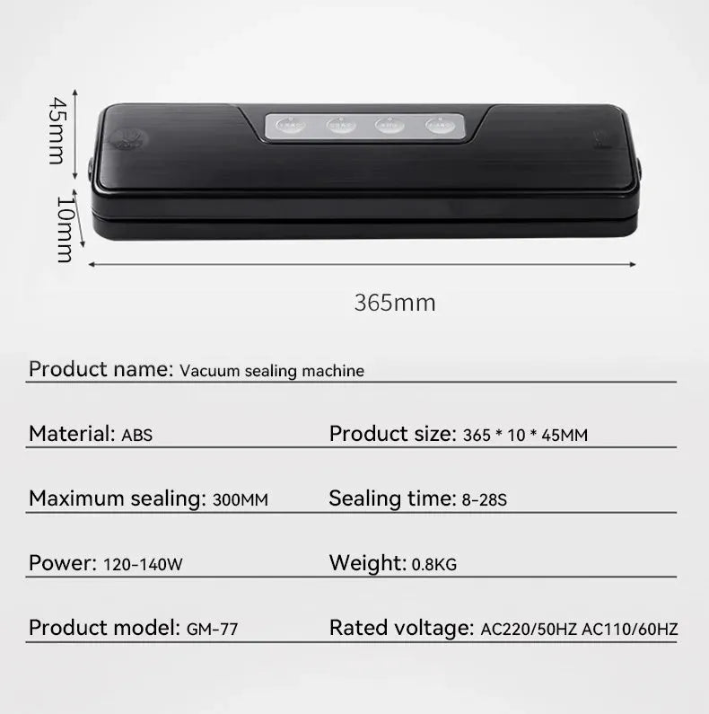 Black automatic vacuum sealer machine for household food preservation and item storage