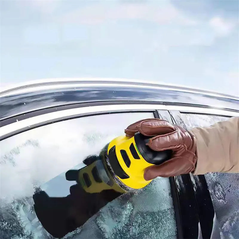 Yellow cordless electric snow scraper with USB charging cable for car windshield ice removal