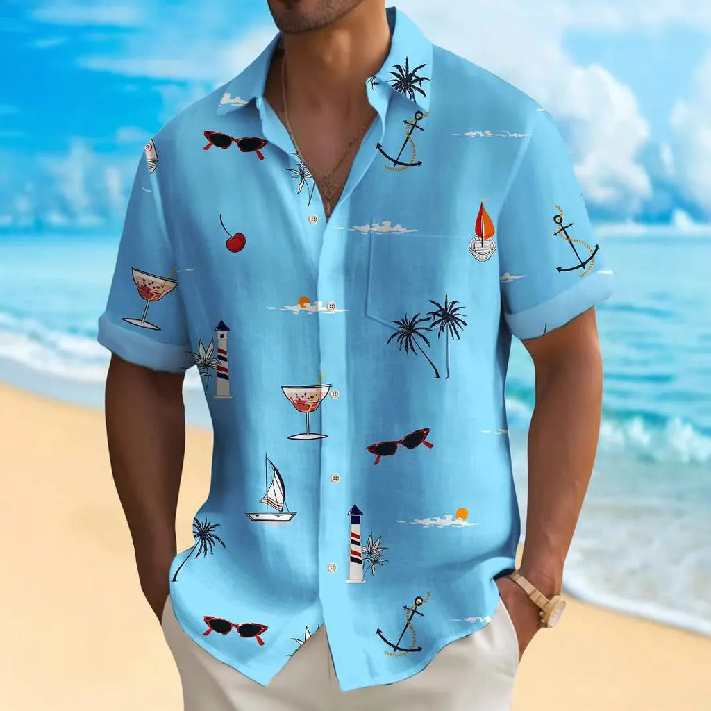 Man wearing loose fit Hawaiian shirt with digital print pattern, short sleeves, polyester fabric.