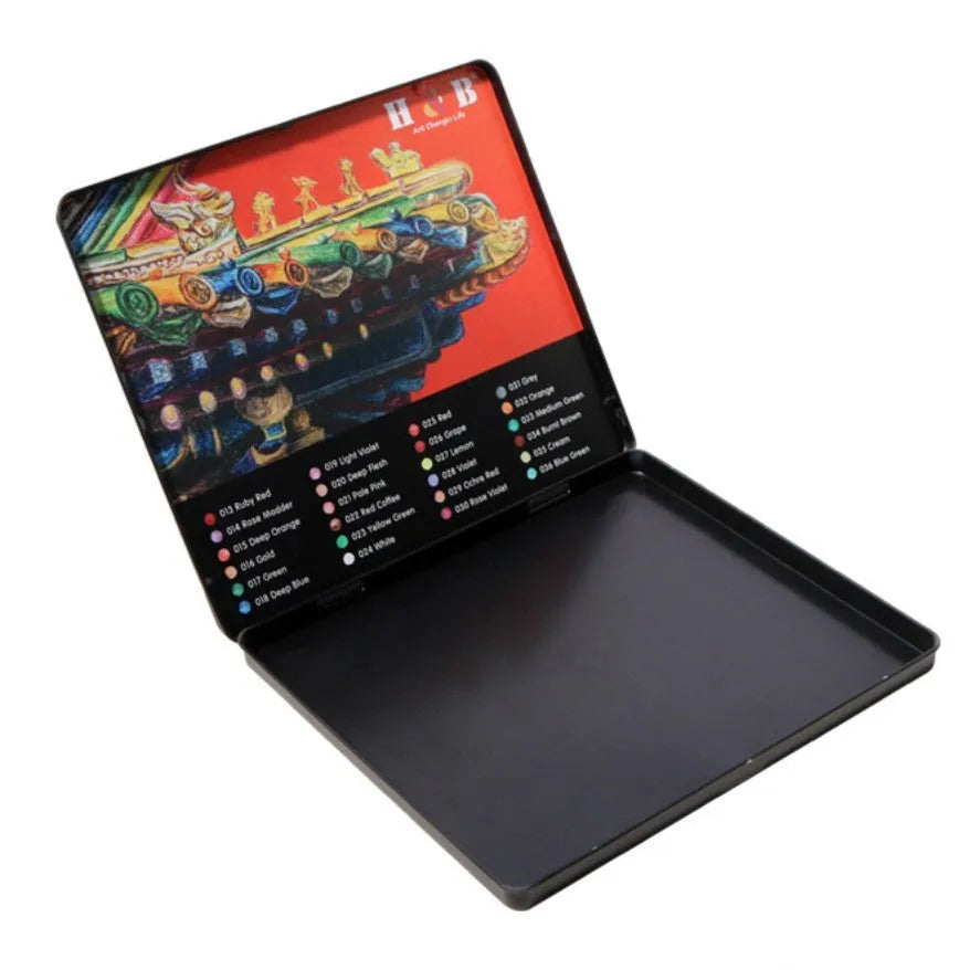 Water-soluble coloured pencil set with 24 wooden pencils in a flat iron storage box.