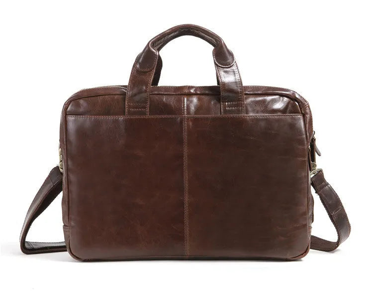 Brown men's 18-inch business briefcase in first layer cowhide leather with polyester lining