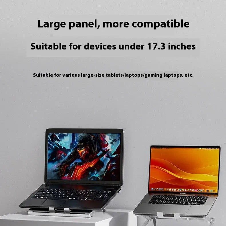 Aluminium alloy folding notebook cooling rack showing size and lift height.