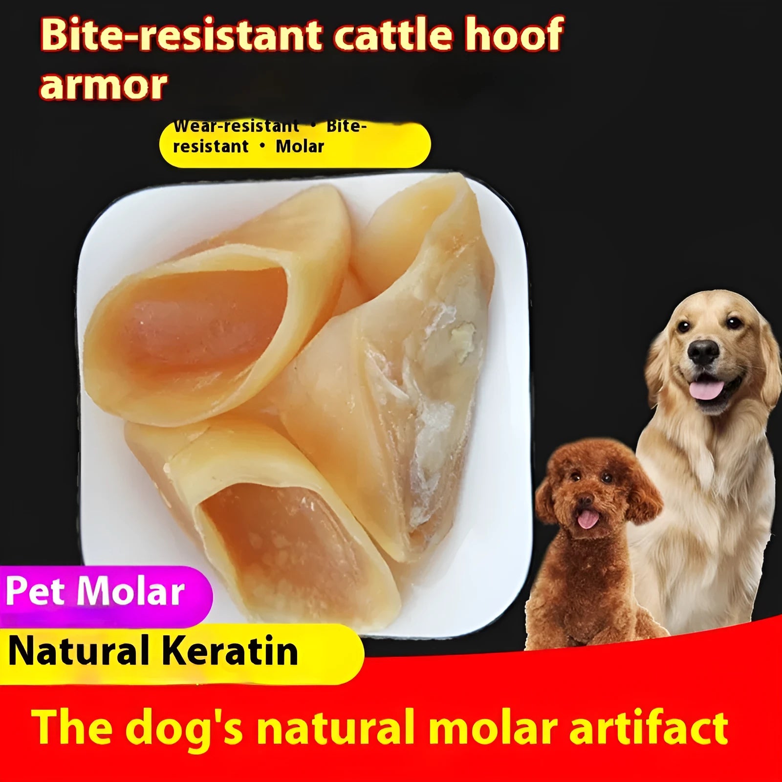 Natural cowhide dog grinding rod chew in hoof shell colour with size options for small and large dogs