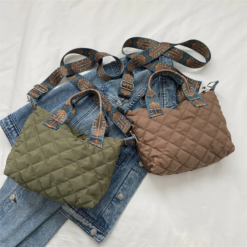 Oxford cloth shoulder messenger bag in horizontal square shape with sandwich pocket and phone compartment