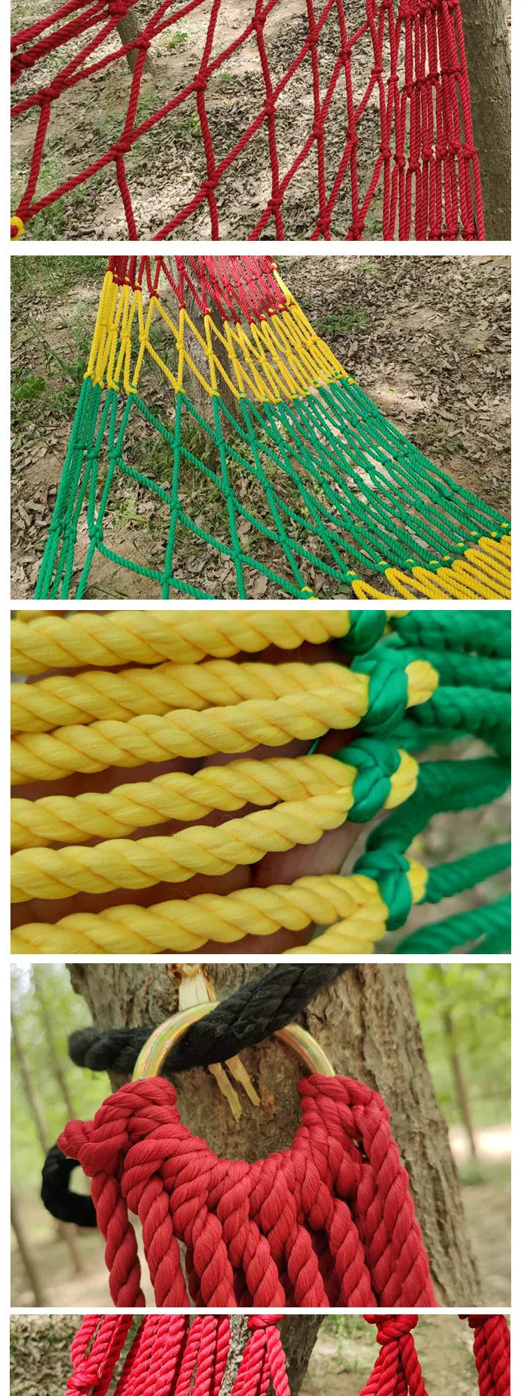 Outdoor nylon rope mesh hammock hanging between trees