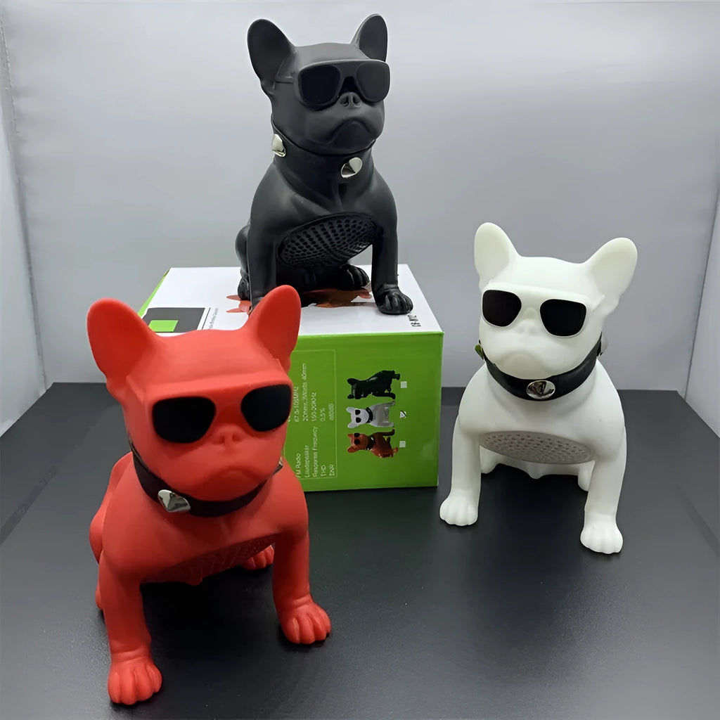 Bulldog design Bluetooth speaker in black colour showing detailed facial features and compact size