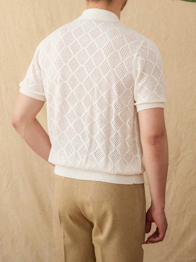 Men's light brown cotton zip-front cardigan with short sleeves and lapel collar on white background