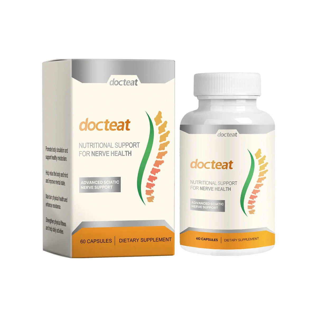 Body care adhesive wrap bottle containing 60 capsules for joint comfort and therapeutic massage applications