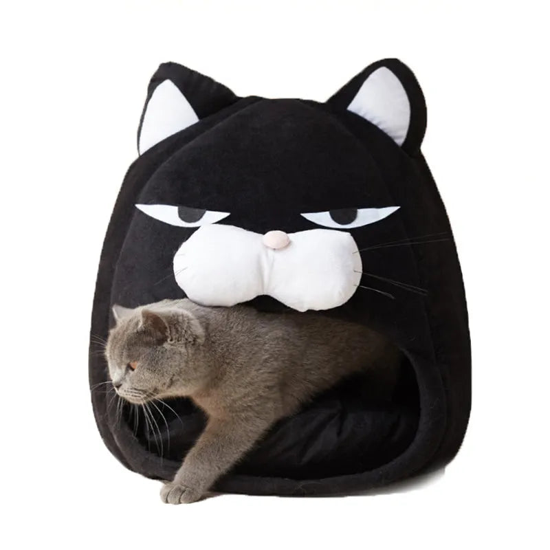 Black cube cat house bed in plush and waterproof nylon, 48cm or 38cm, removable and hand washable