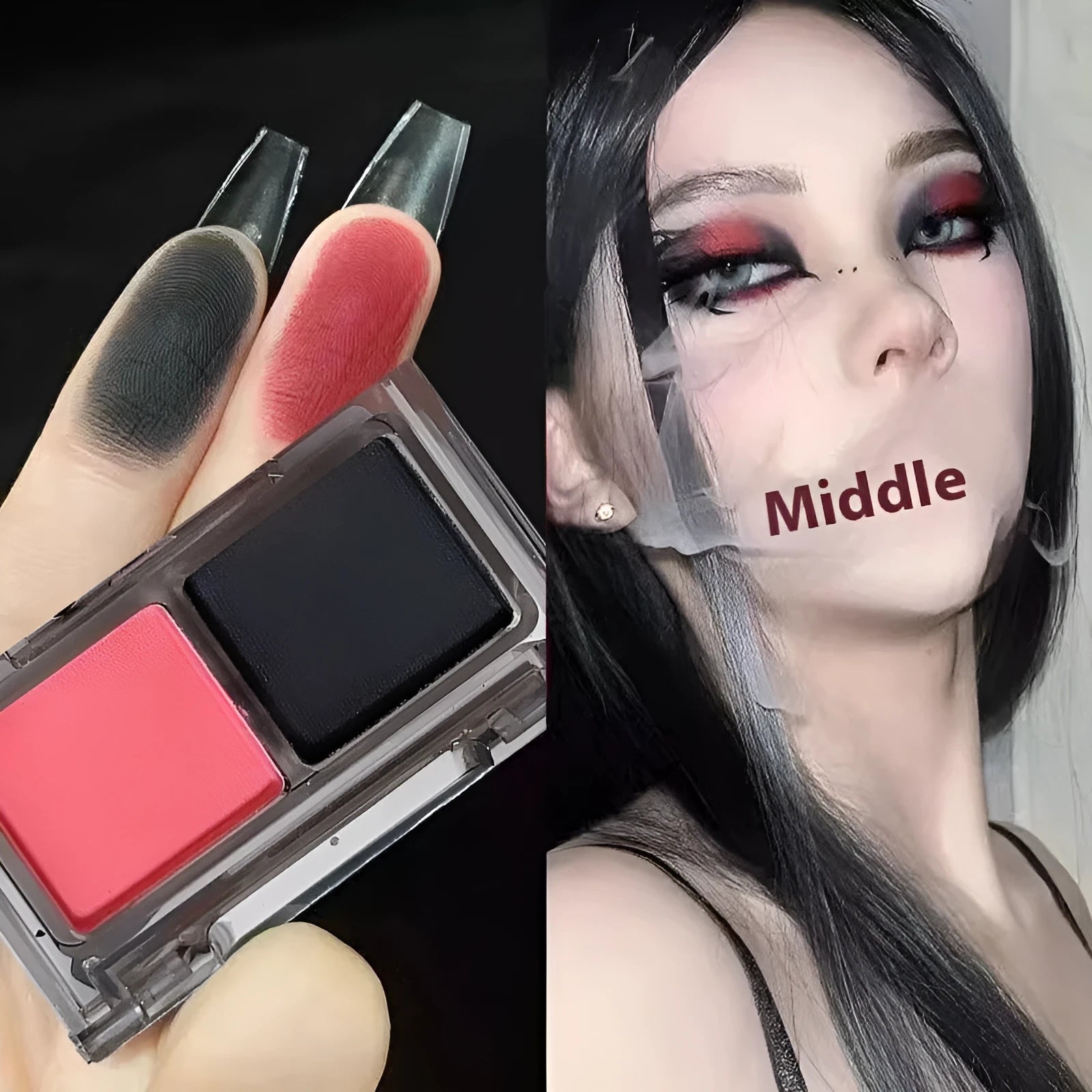 Cool two-tone eye shadow plate showing matte and shimmer finish in pink and black colour combination