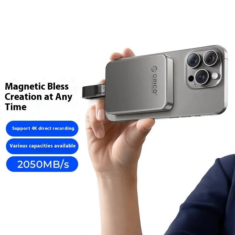 Grey magnetic mobile solid state drive with C to C cable and magnetic suction ring