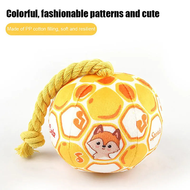 Blue and yellow cartoon football dog chew toy made from cotton rope