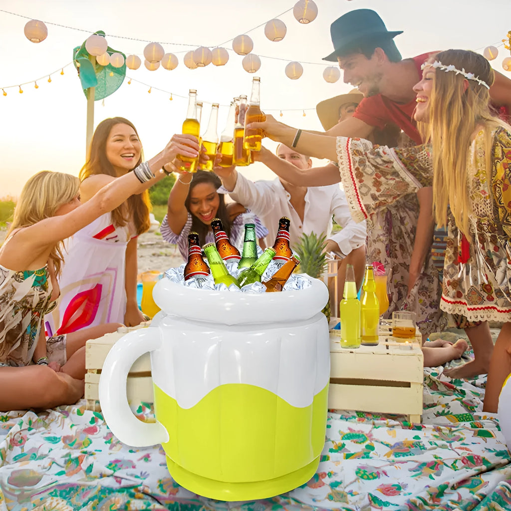 Yellow inflatable PVC ice bucket for portable drink cooling at parties and outdoors.