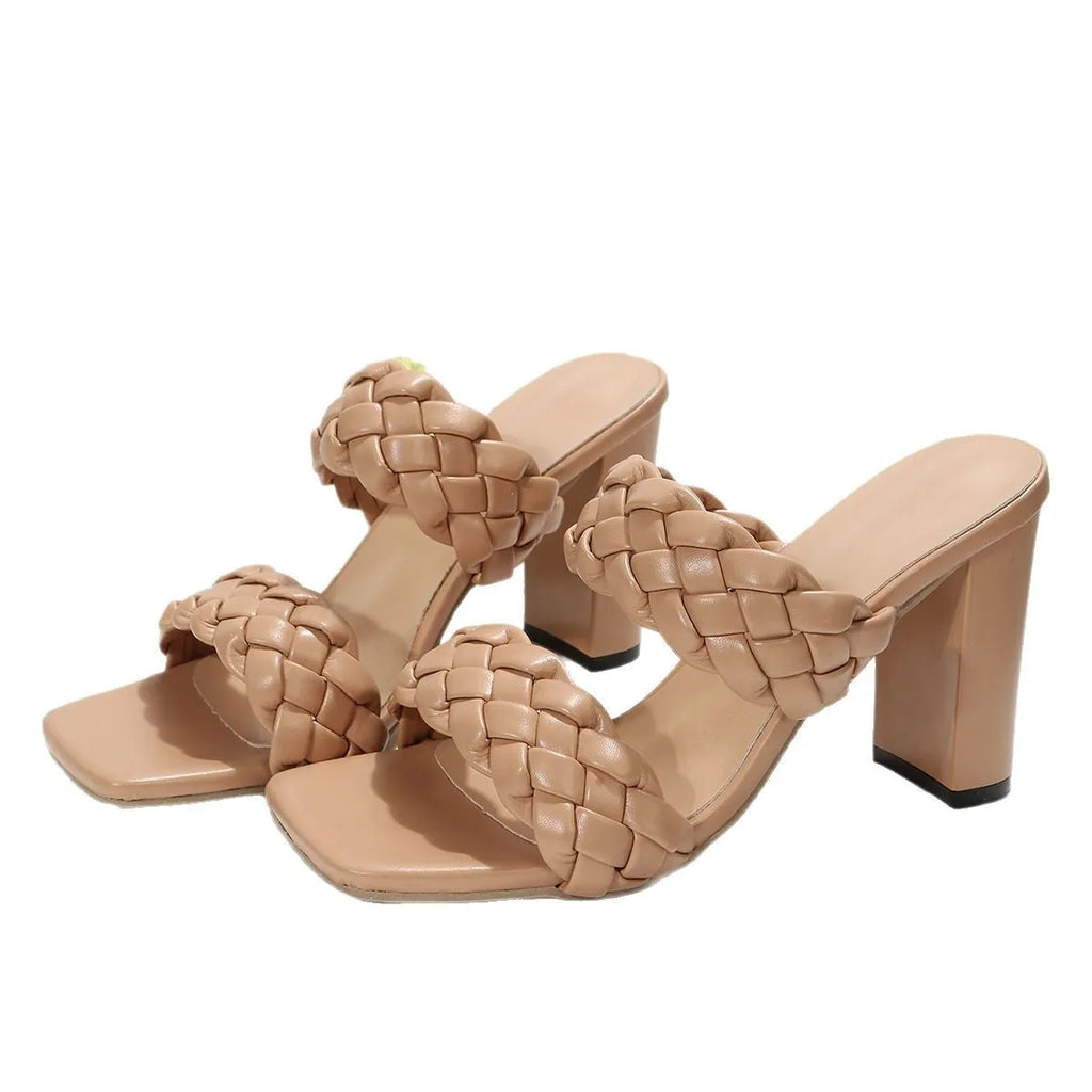 Women's square toe flip-flops with chunky heel and woven twisted upper in white colour