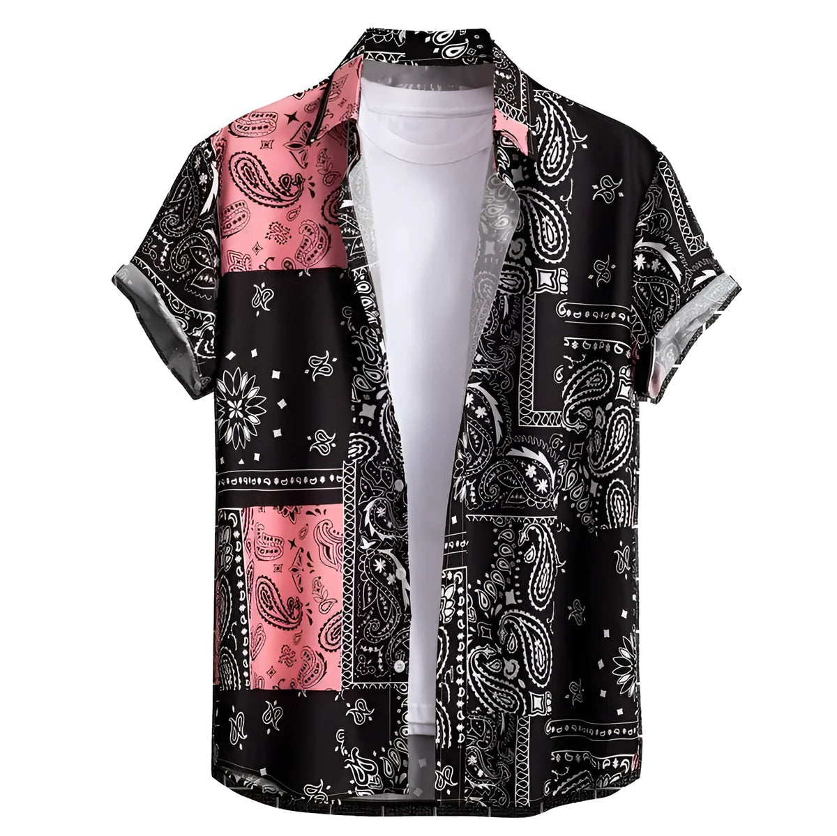 Man wearing a slim fit, short sleeve Hawaiian shirt with a digital printed pattern.
