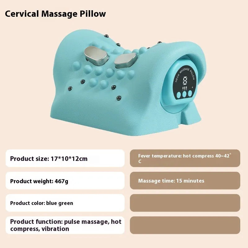 Blue-green cervical spine massage pillow showing portable 17cm design with EMS pulse massage and heat therapy functions