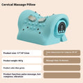 Blue-green cervical spine massage pillow showing portable 17cm design with EMS pulse massage and heat therapy functions